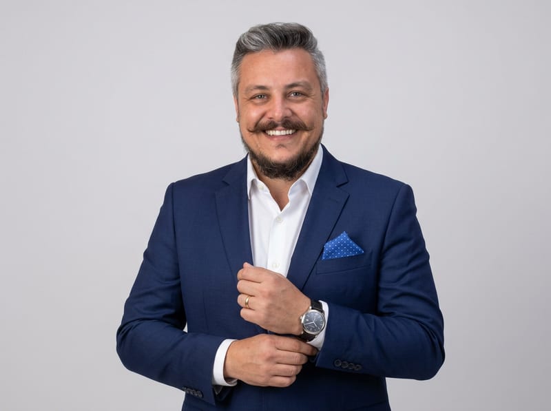 Vinicius Lanzi de Carvalho, perito avaliador imobiliário, terno azul com lenço